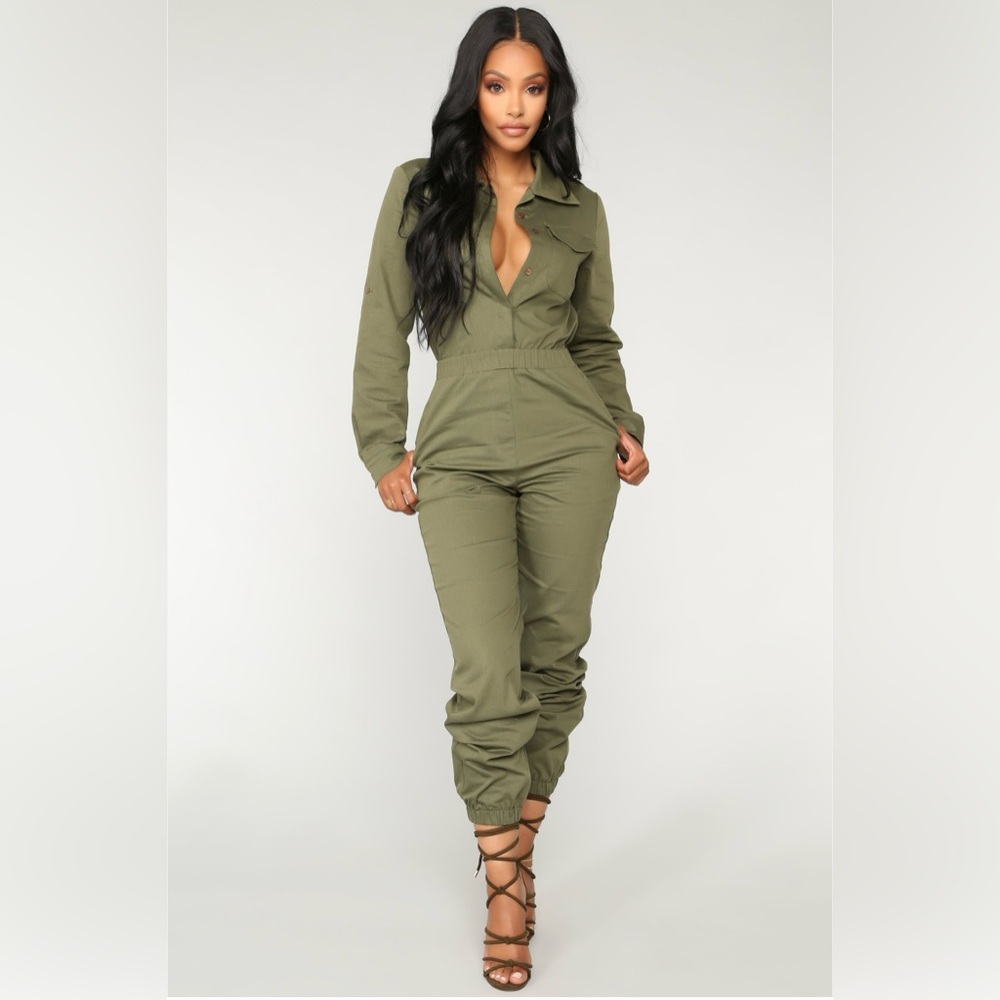 Fashion Nova Olive Green Utility Jumpsuit